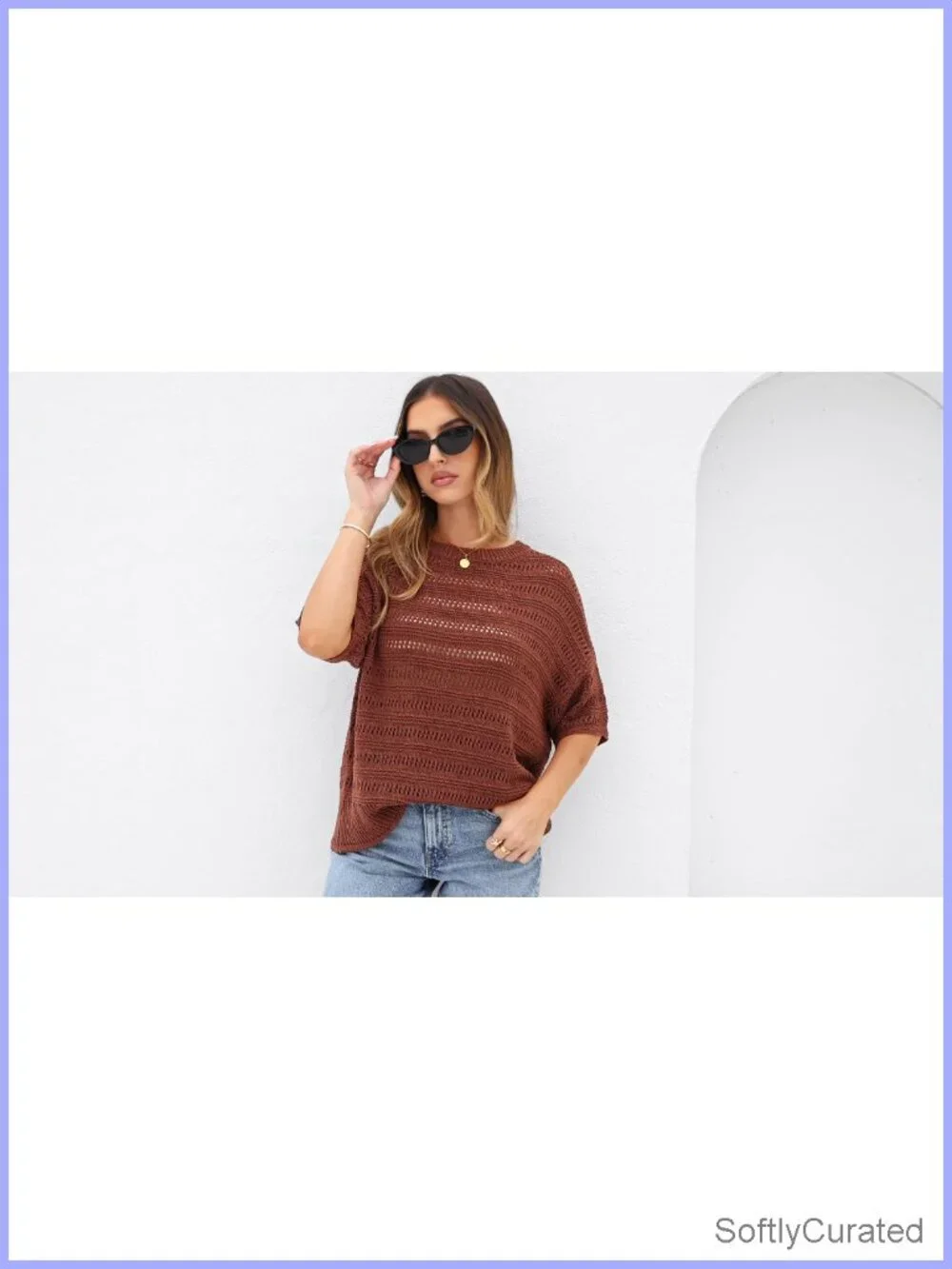 Oversized Crochet Short Sleeve Pullover Sweater, Lightweight Hollow Out Knit,